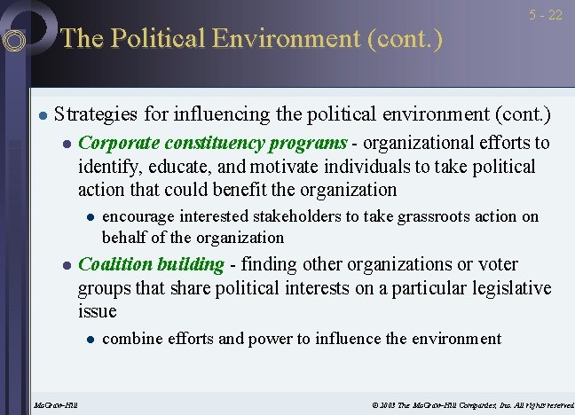 The Political Environment (cont. ) l 5 - 22 Strategies for influencing the political