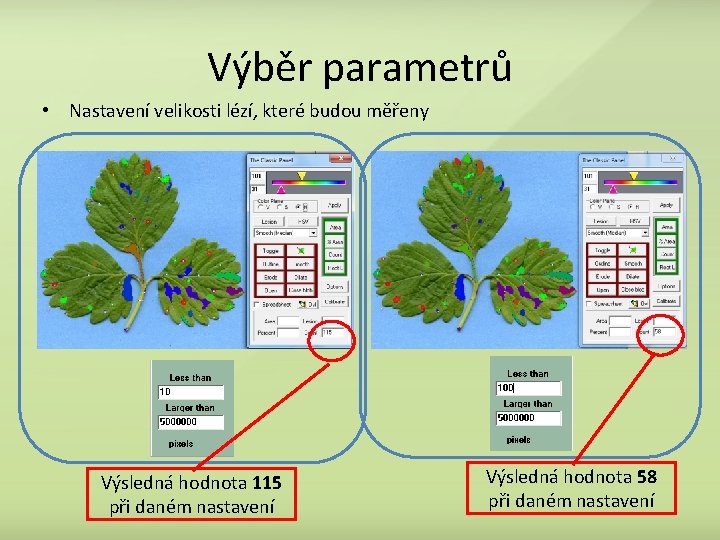 Výběr parametrů • Nastavení velikosti lézí, které budou měřeny Výsledná hodnota 115 při daném