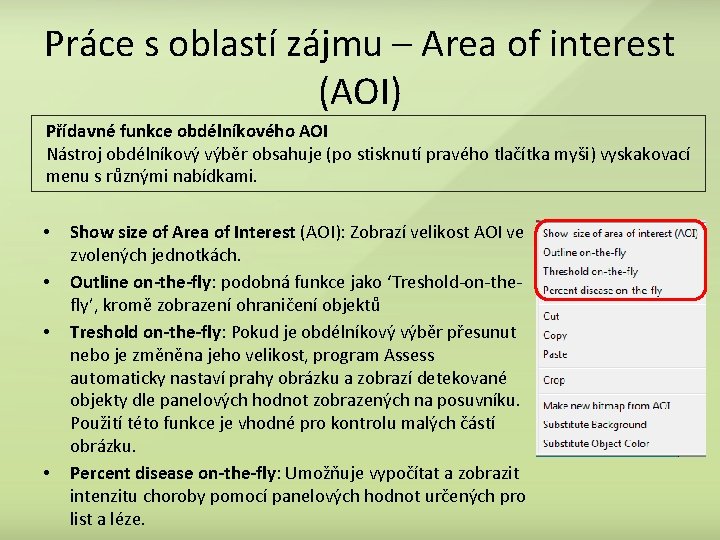 Práce s oblastí zájmu – Area of interest (AOI) Přídavné funkce obdélníkového AOI Nástroj