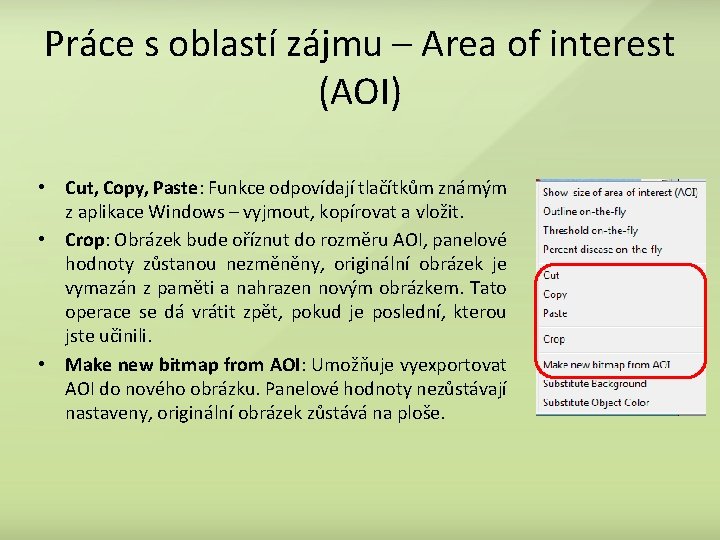 Práce s oblastí zájmu – Area of interest (AOI) • Cut, Copy, Paste: Funkce