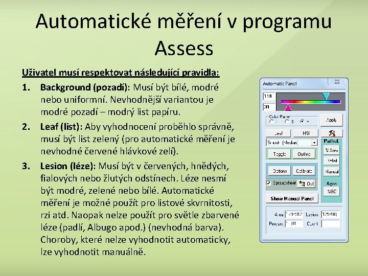 Automatické měření v programu Assess Uživatel musí respektovat následující pravidla: 1. Background (pozadí): Musí