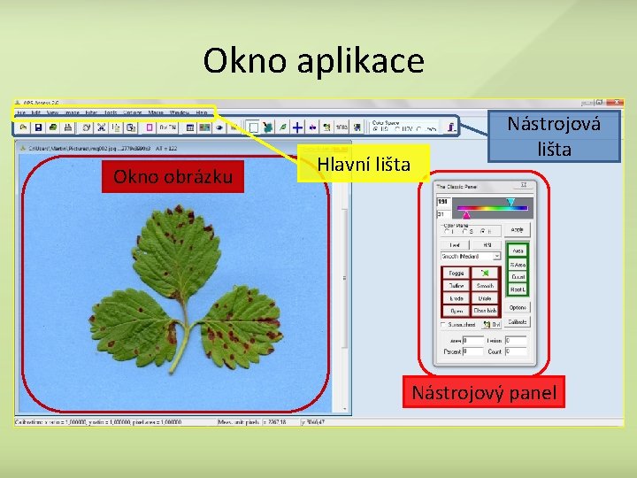 Okno aplikace Okno obrázku Hlavní lišta Nástrojová lišta Nástrojový panel 