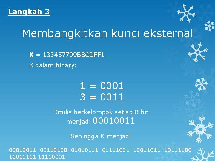 Langkah 3 Membangkitkan kunci eksternal K = 133457799 BBCDFF 1 K dalam binary: 1