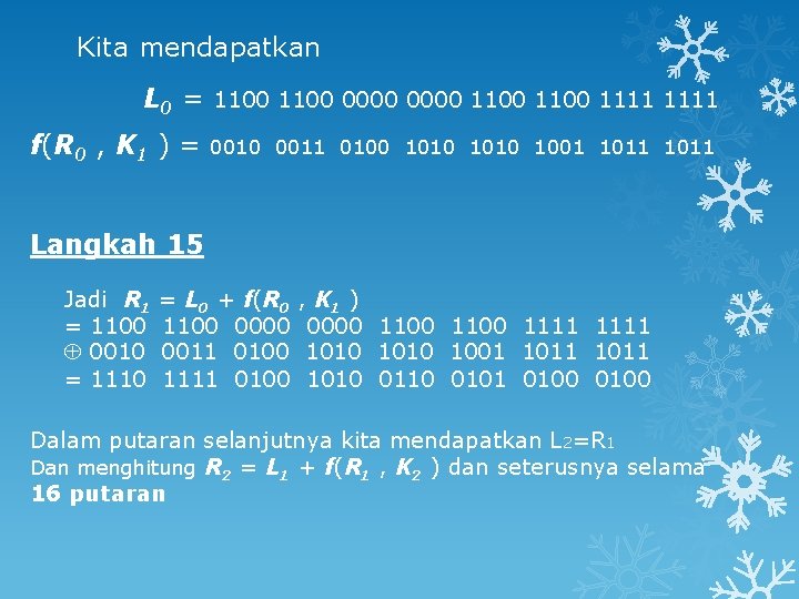 Kita mendapatkan L 0 = 1100 0000 1100 1111 f(R 0 , K 1