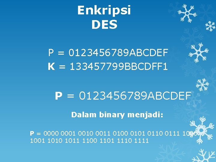 Enkripsi DES P = 0123456789 ABCDEF K = 133457799 BBCDFF 1 P = 0123456789