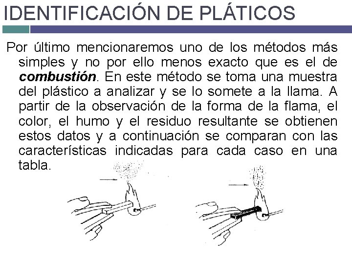 IDENTIFICACIÓN DE PLÁTICOS Por último mencionaremos uno de los métodos más simples y no IDENTIFICACIÓN DE PLÁTICOS Por último mencionaremos uno de los métodos más simples y no