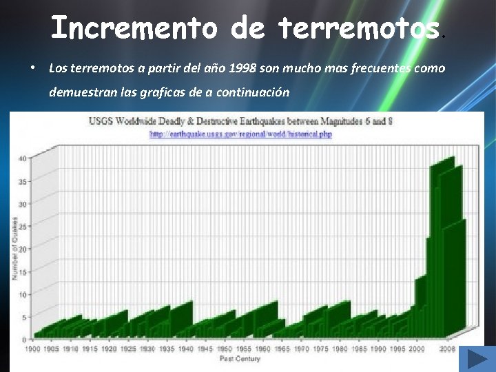 Incremento de terremotos. • Los terremotos a partir del año 1998 son mucho mas