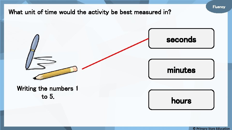 Fluency What unit of time would the activity be best measured in? seconds minutes