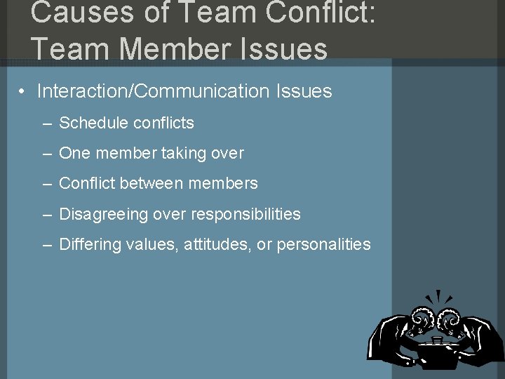 Causes of Team Conflict: Team Member Issues • Interaction/Communication Issues – Schedule conflicts – Causes of Team Conflict: Team Member Issues • Interaction/Communication Issues – Schedule conflicts –