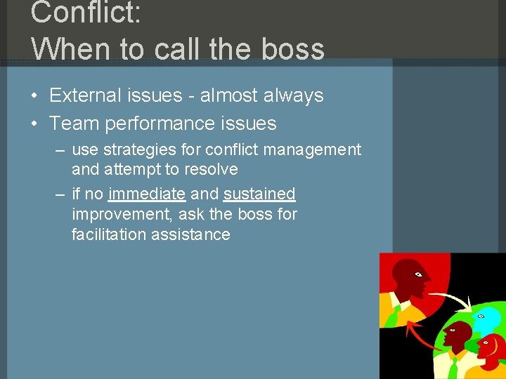 Conflict: When to call the boss • External issues - almost always • Team Conflict: When to call the boss • External issues - almost always • Team