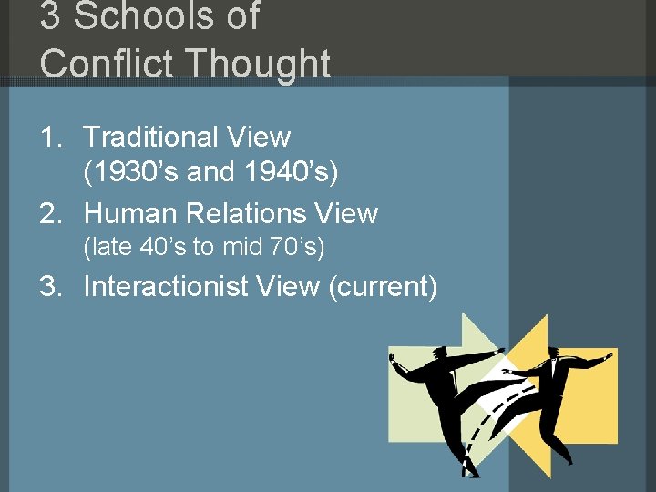 3 Schools of Conflict Thought 1. Traditional View (1930’s and 1940’s) 2. Human Relations 3 Schools of Conflict Thought 1. Traditional View (1930’s and 1940’s) 2. Human Relations