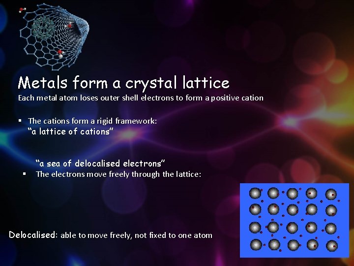 Metals form a crystal lattice Each metal atom loses outer shell electrons to form