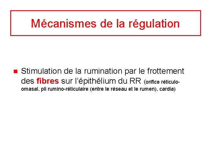 Mécanismes de la régulation n Stimulation de la rumination par le frottement des fibres