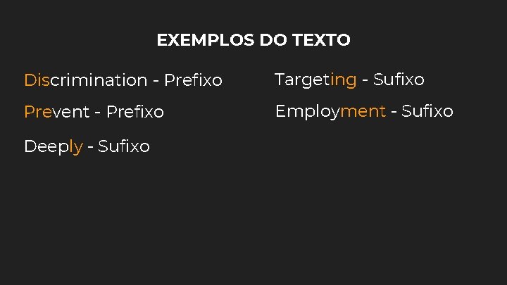 EXEMPLOS DO TEXTO Discrimination - Prefixo Targeting - Sufixo Prevent - Prefixo Employment -