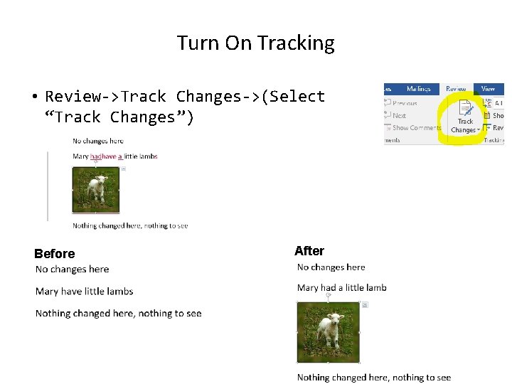 Turn On Tracking • Review->Track Changes->(Select “Track Changes”) Before After 