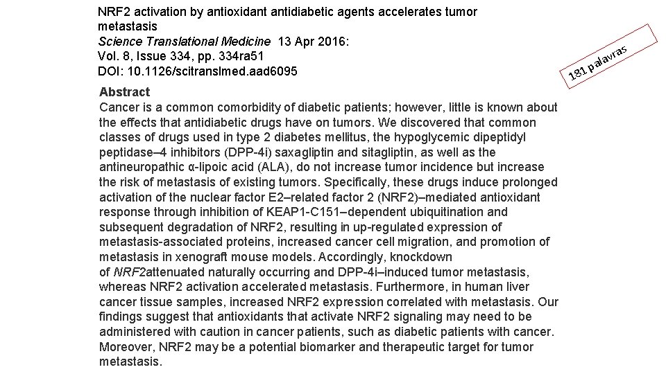NRF 2 activation by antioxidant antidiabetic agents accelerates tumor metastasis Science Translational Medicine 13