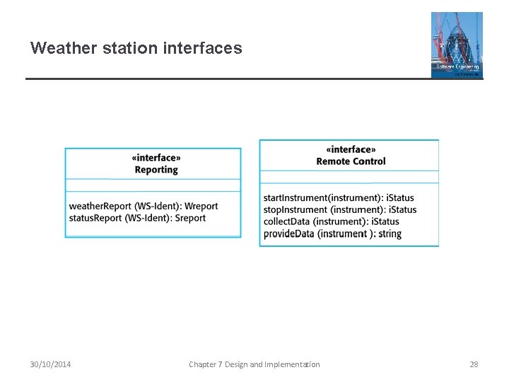 Weather station interfaces 30/10/2014 Chapter 7 Design and Implementation 28 Weather station interfaces 30/10/2014 Chapter 7 Design and Implementation 28