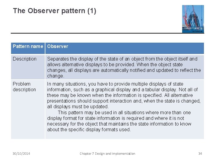 The Observer pattern (1) Pattern name Observer Description Separates the display of the state The Observer pattern (1) Pattern name Observer Description Separates the display of the state