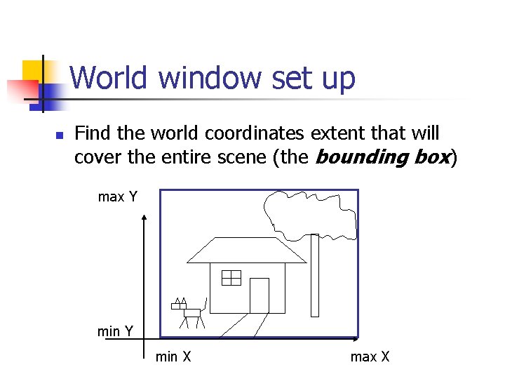 World window set up n Find the world coordinates extent that will cover the