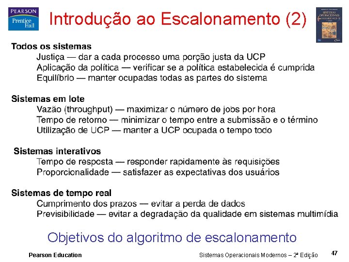 Introdução ao Escalonamento (2) Objetivos do algoritmo de escalonamento Pearson Education Sistemas Operacionais Modernos