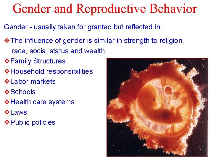 Gender and Reproductive Behavior Gender - usually taken for granted but reflected in: v.