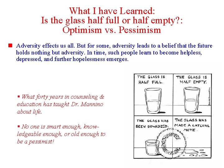 What I have Learned: Is the glass half full or half empty? : Optimism