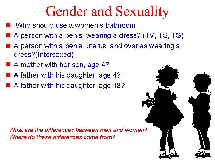 Gender and Sexuality n Who should use a women’s bathroom n A person with