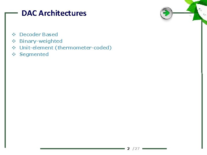 DAC Architectures v v Decoder Based Binary-weighted Unit-element (thermometer-coded) Segmented 2 /27 