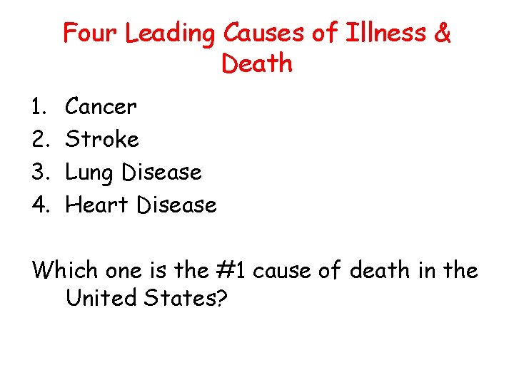 Four Leading Causes of Illness & Death 1. 2. 3. 4. Cancer Stroke Lung Four Leading Causes of Illness & Death 1. 2. 3. 4. Cancer Stroke Lung