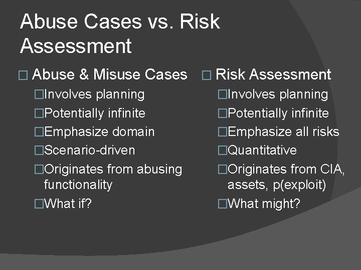 Abuse Cases vs. Risk Assessment � Abuse & Misuse Cases � Risk Assessment �Involves