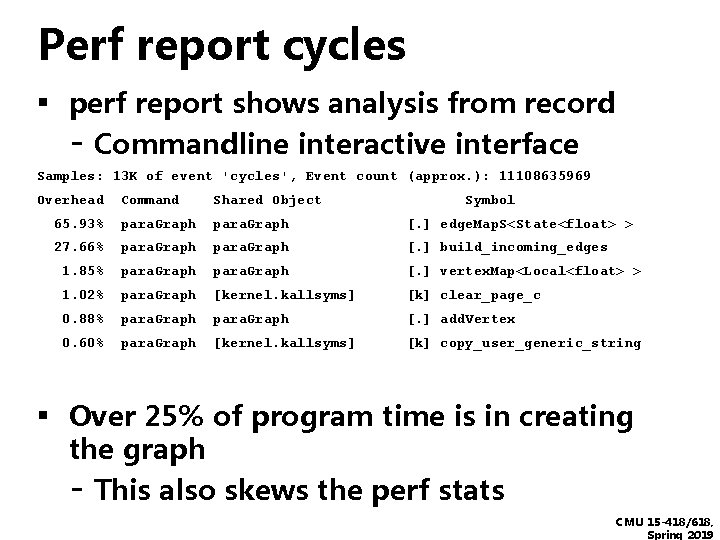Perf report cycles ▪ perf report shows analysis from record - Commandline interactive interface