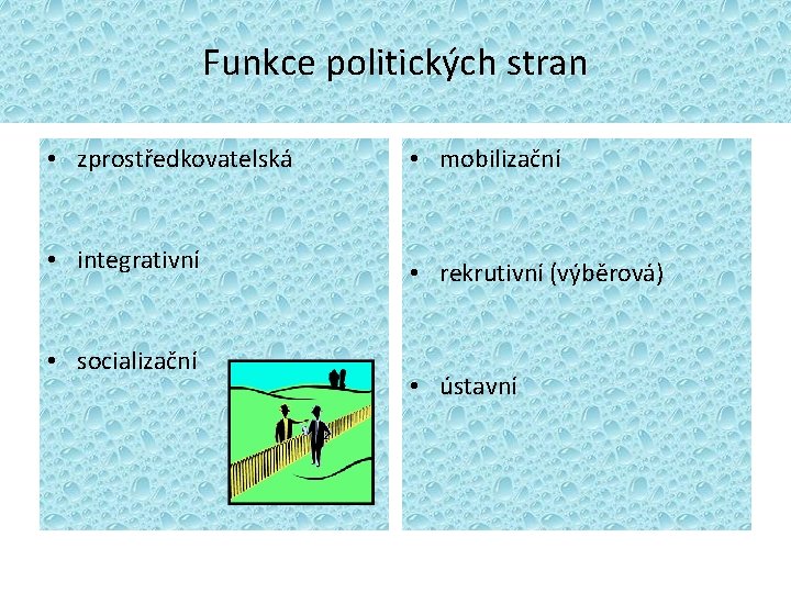 Funkce politických stran • zprostředkovatelská • mobilizační • integrativní • rekrutivní (výběrová) • socializační