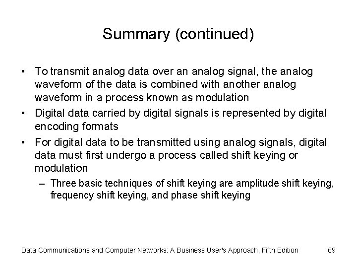 Summary (continued) • To transmit analog data over an analog signal, the analog waveform
