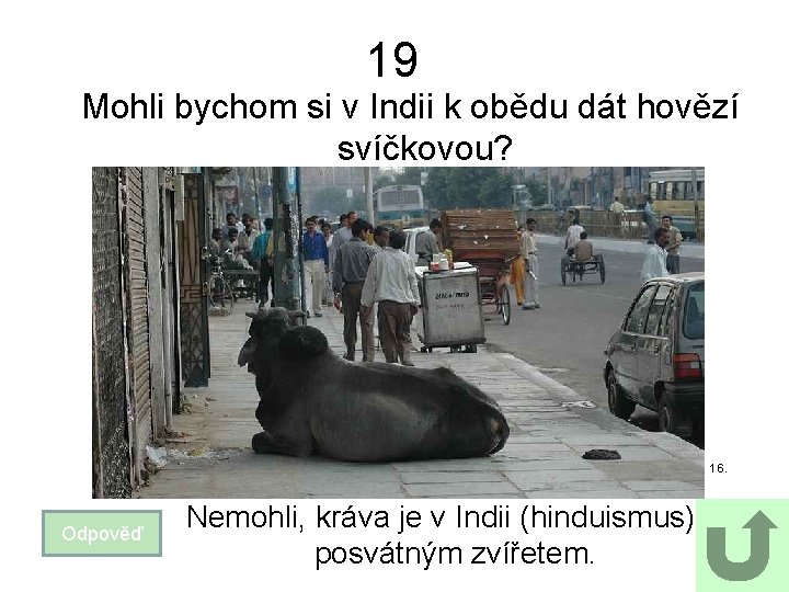 19 Mohli bychom si v Indii k obědu dát hovězí svíčkovou? 16. Odpověď Nemohli,