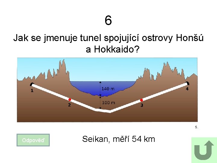 6 Jak se jmenuje tunel spojující ostrovy Honšú a Hokkaido? 5. Odpověď Seikan, měří