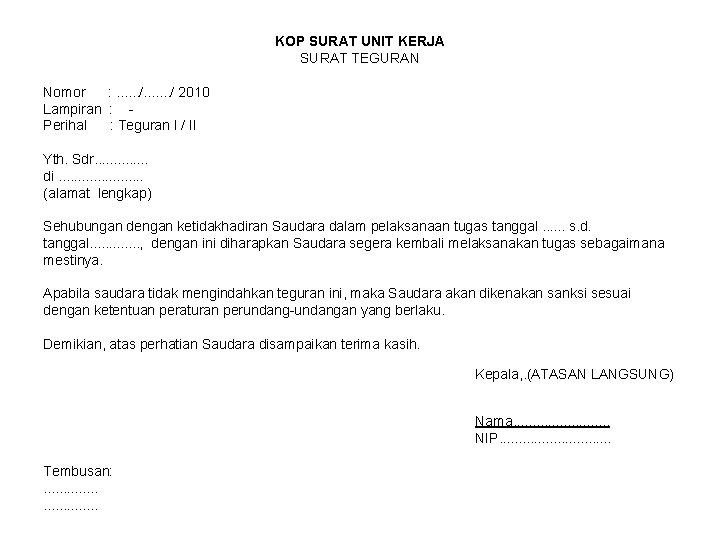 KOP SURAT UNIT KERJA SURAT TEGURAN Nomor : . . . / 2010 Lampiran