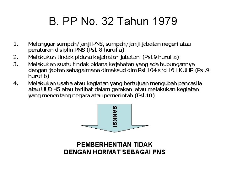 B. PP No. 32 Tahun 1979 1. 2. 3. 4. Melanggar sumpah/janji PNS, sumpah/janji