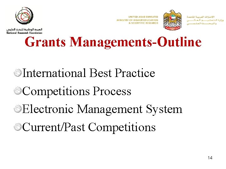 Grants Managements-Outline International Best Practice Competitions Process Electronic Management System Current/Past Competitions 14 