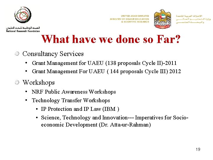 What have we done so Far? Consultancy Services • Grant Management for UAEU (138