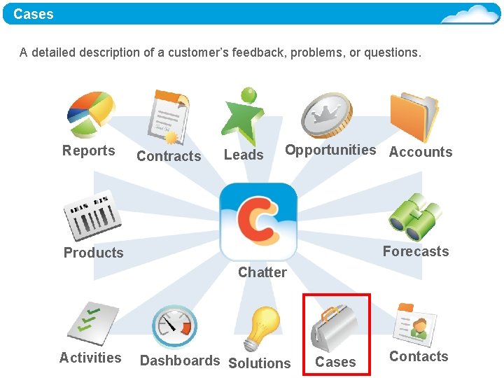 Cases A detailed description of a customer’s feedback, problems, or questions. Reports Contracts Leads