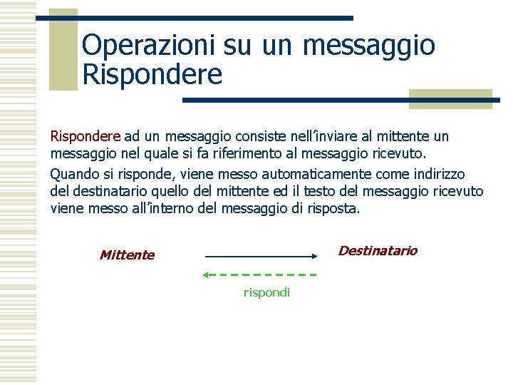 Operazioni su un messaggio Rispondere ad un messaggio consiste nell’inviare al mittente un messaggio