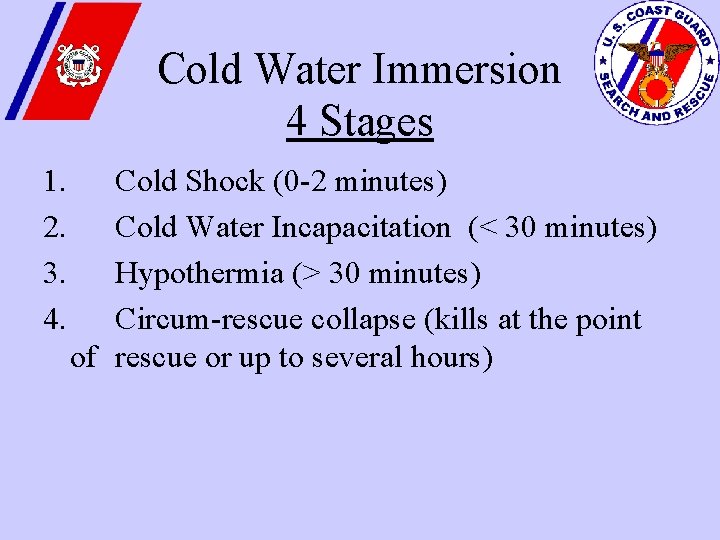 Cold Water Immersion 4 Stages 1. Cold Shock (0 -2 minutes) 2. Cold Water