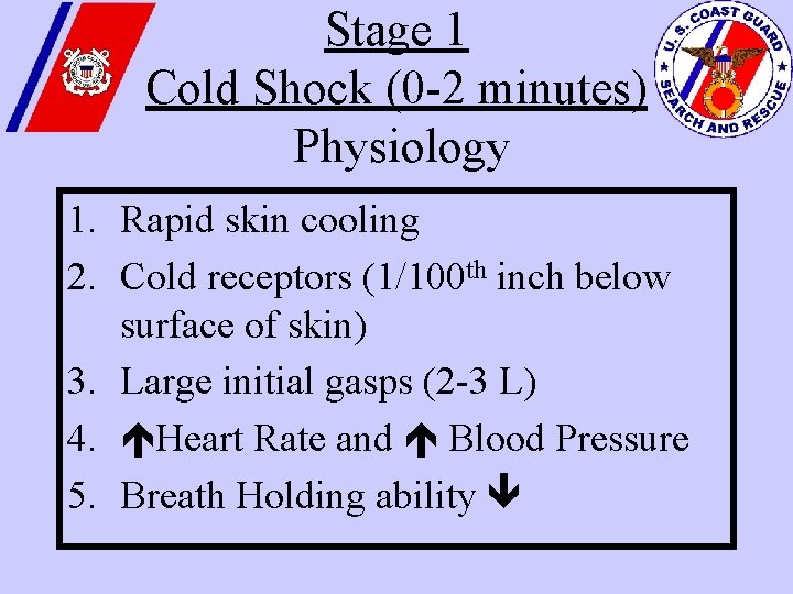 Stage 1 Cold Shock (0 -2 minutes) Physiology 1. Rapid skin cooling 2. Cold