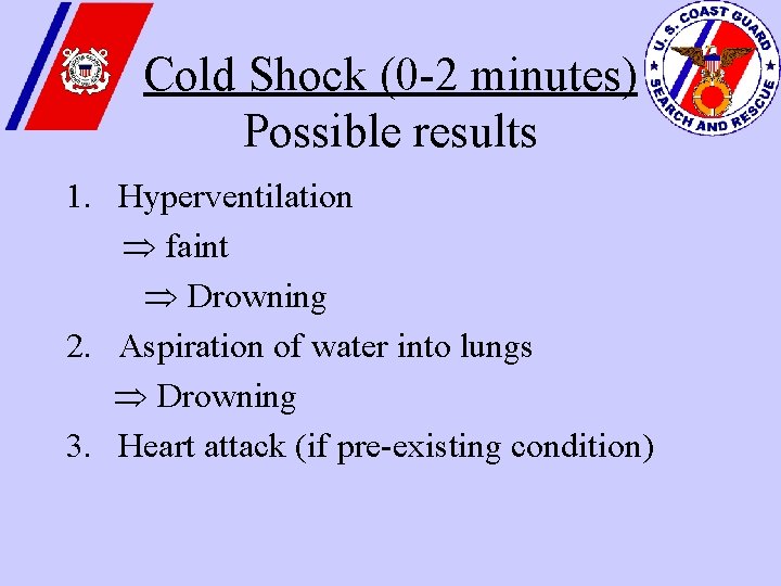 Cold Shock (0 -2 minutes) Possible results 1. Hyperventilation faint Drowning 2. Aspiration of