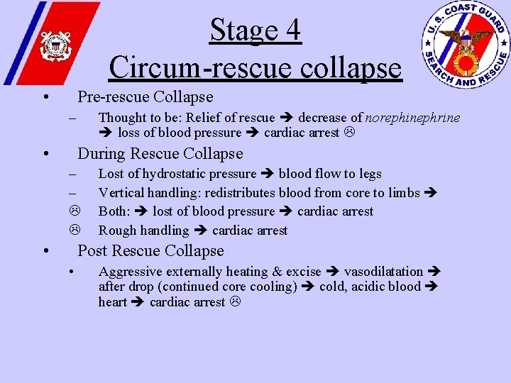 Stage 4 Circum-rescue collapse • Pre-rescue Collapse – • Thought to be: Relief of