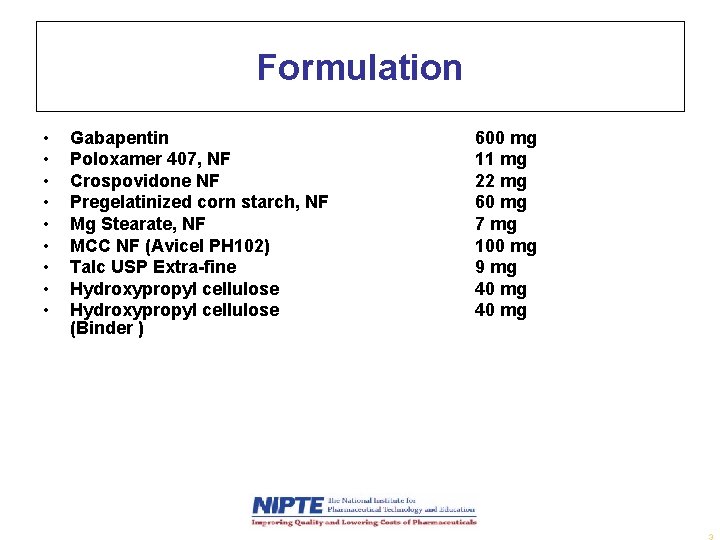 Formulation • • • Gabapentin Poloxamer 407, NF Crospovidone NF Pregelatinized corn starch, NF