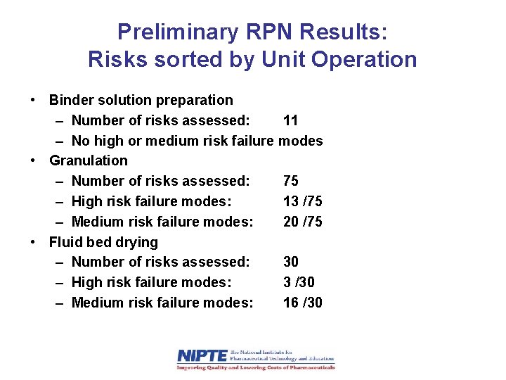 Preliminary RPN Results: Risks sorted by Unit Operation • Binder solution preparation – Number