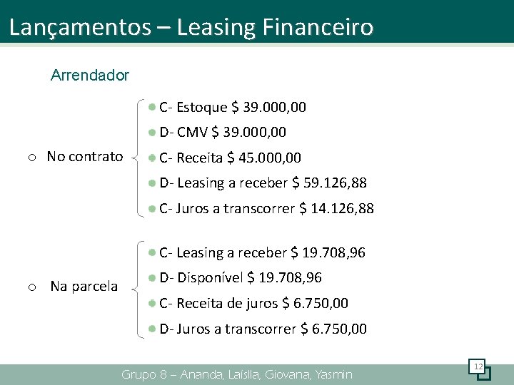 Lançamentos – Leasing Financeiro Arrendador C- Estoque $ 39. 000, 00 D- CMV $