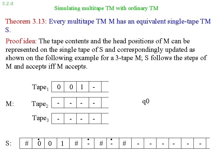 3. 2. d Simulating multitape TM with ordinary TM Theorem 3. 13: Every multitape