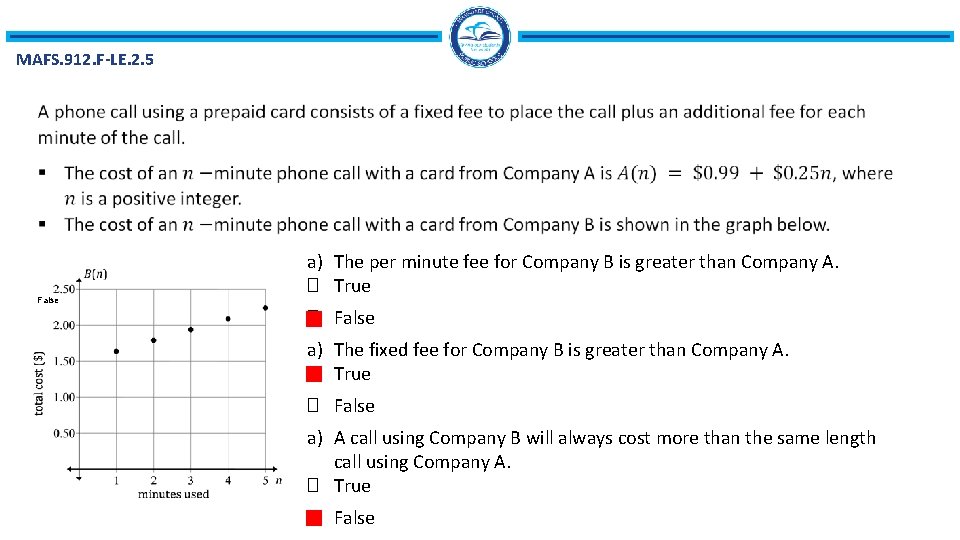 MAFS. 912. F-LE. 2. 5 False a) The per minute fee for Company B